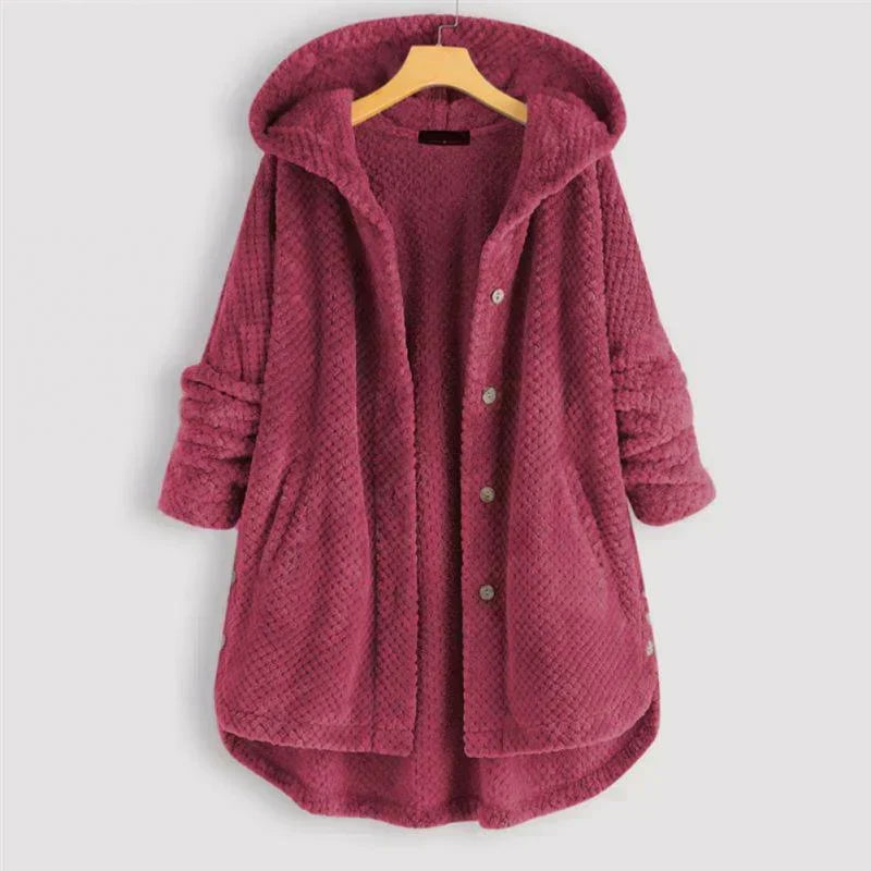 Comfortable Black Corduroy Hooded Coat for Women with Button Front Long Sleeve Oversized High Low Casual Style
