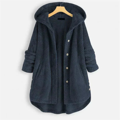 Comfortable Black Corduroy Hooded Coat for Women with Button Front Long Sleeve Oversized High Low Casual Style