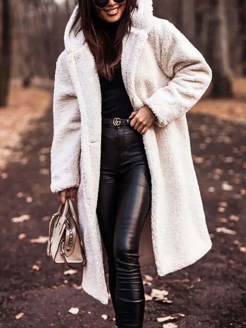 Comfortable Sherpa Coat for Women with Hooded Long Sleeve Oversized Longline Style