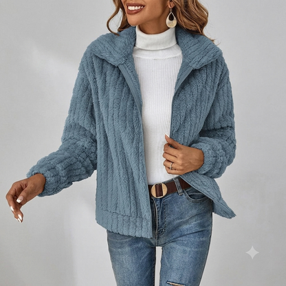 Effortless Textured Fleece Jacket for Women with Notched Collar Long Sleeve Zip Front Oversized Casual Style