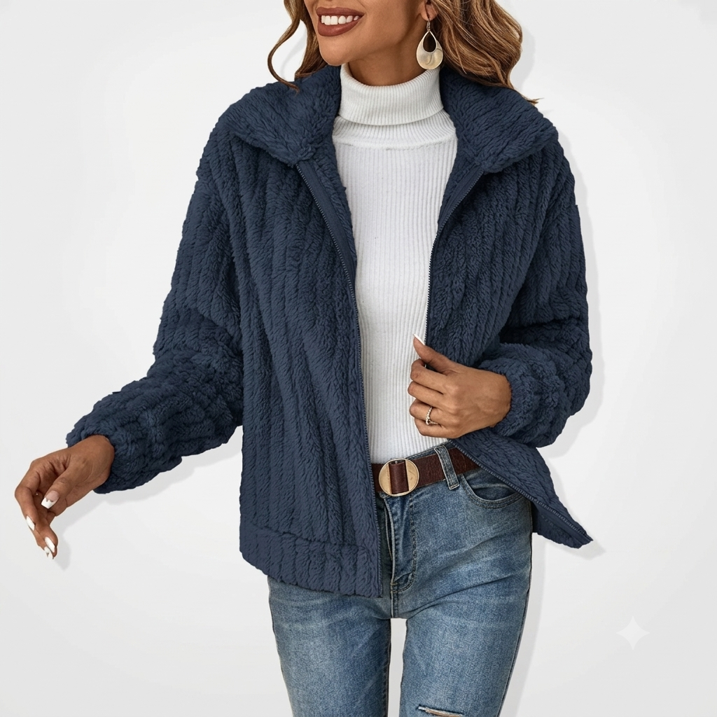 Effortless Textured Fleece Jacket for Women with Notched Collar Long Sleeve Zip Front Oversized Casual Style