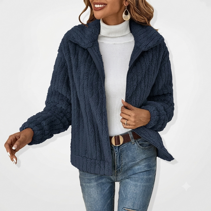 Effortless Textured Fleece Jacket for Women with Notched Collar Long Sleeve Zip Front Oversized Casual Style