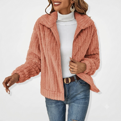 Effortless Textured Fleece Jacket for Women with Notched Collar Long Sleeve Zip Front Oversized Casual Style