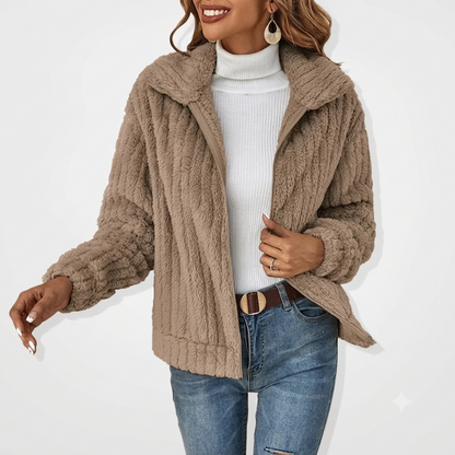 Effortless Textured Fleece Jacket for Women with Notched Collar Long Sleeve Zip Front Oversized Casual Style