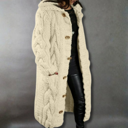 Comfortable Cable Knit Long Cardigan for Women with Hooded Collar Button Front Oversized Relaxed Style