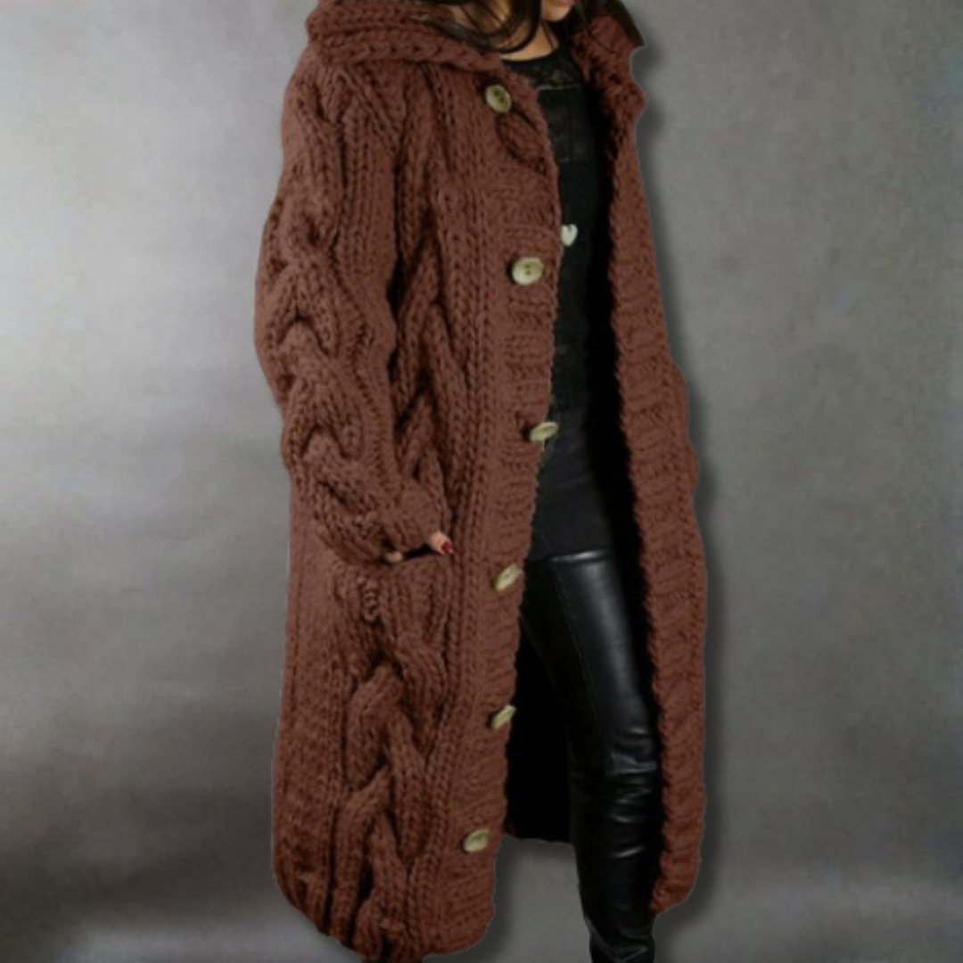 Comfortable Cable Knit Long Cardigan for Women with Hooded Collar Button Front Oversized Relaxed Style