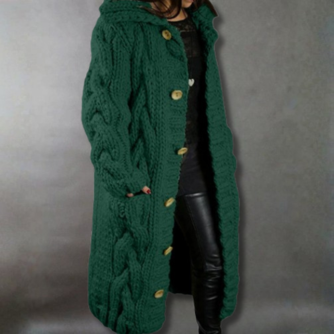 Comfortable Cable Knit Long Cardigan for Women with Hooded Collar Button Front Oversized Relaxed Style