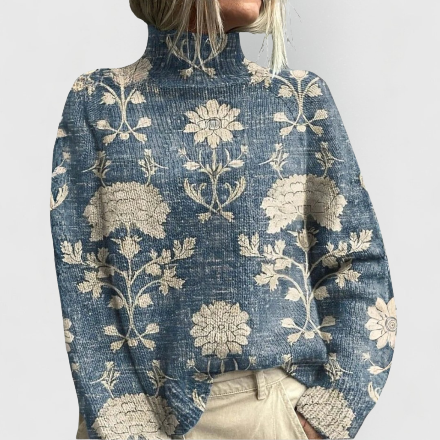 Comfortable Printed Sweater for Women with High Neck Long Sleeve Relaxed Oversized Knit Style