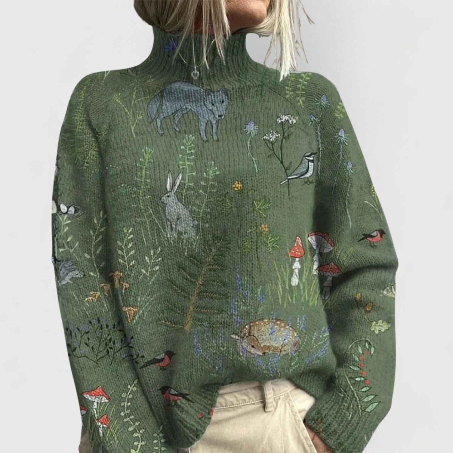 Comfortable Printed Sweater for Women with High Neck Long Sleeve Relaxed Oversized Knit Style