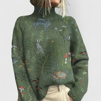 Comfortable Printed Sweater for Women with High Neck Long Sleeve Relaxed Oversized Knit Style
