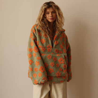 Effortless Floral Sherpa Jacket for Women with Collar Long Sleeve Half Zip Oversized Casual Style