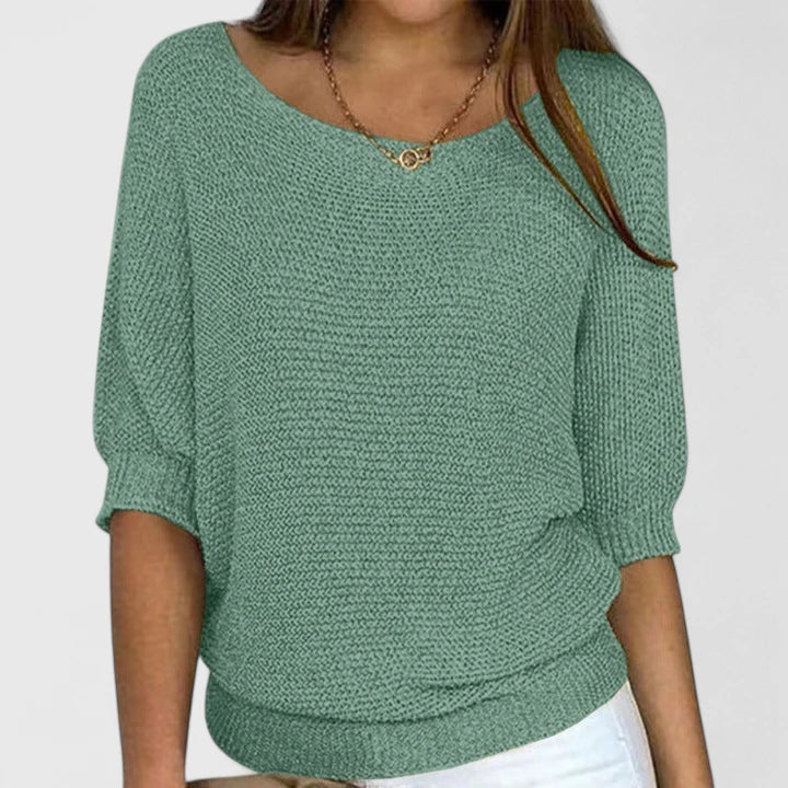 Comfortable Knit Sweater for Women with Boat Neck Batwing Sleeve Ribbed Hem Oversized Style
