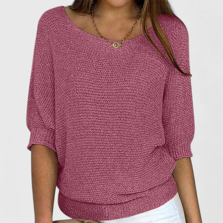 Comfortable Knit Sweater for Women with Boat Neck Batwing Sleeve Ribbed Hem Oversized Style