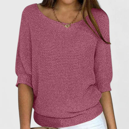 Comfortable Knit Sweater for Women with Boat Neck Batwing Sleeve Ribbed Hem Oversized Style