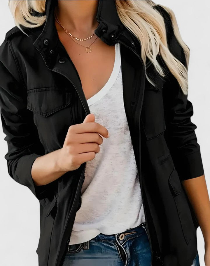 Effortless Utility Jacket for Women with Stand Collar Long Sleeve Snap Button Flap Pocket Casual Style