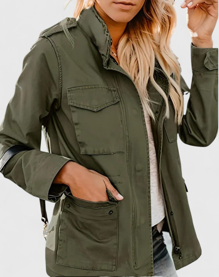 Effortless Utility Jacket for Women with Stand Collar Long Sleeve Snap Button Flap Pocket Casual Style