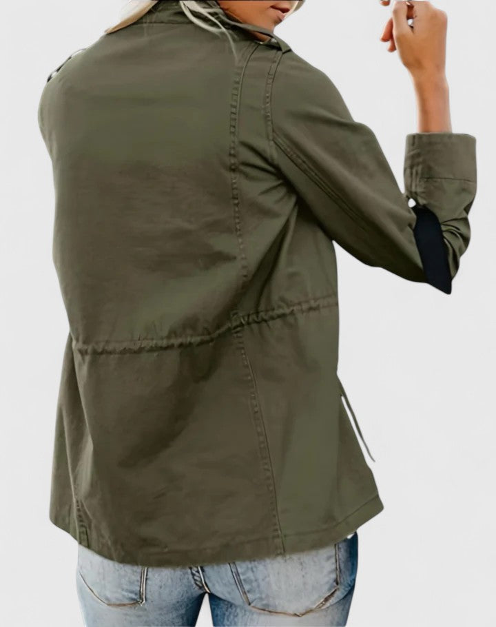 Effortless Utility Jacket for Women with Stand Collar Long Sleeve Snap Button Flap Pocket Casual Style