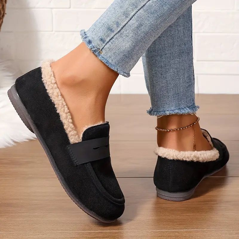 Comfortable House Shoes for Women with Faux Fur Lining Suede Look Loafer Slip On Style