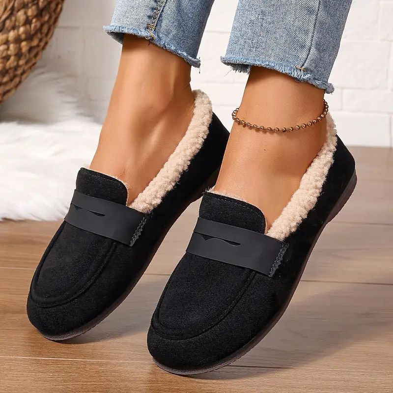 Comfortable House Shoes for Women with Faux Fur Lining Suede Look Loafer Slip On Style