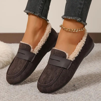 Comfortable House Shoes for Women with Faux Fur Lining Suede Look Loafer Slip On Style