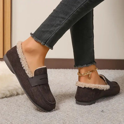Comfortable House Shoes for Women with Faux Fur Lining Suede Look Loafer Slip On Style