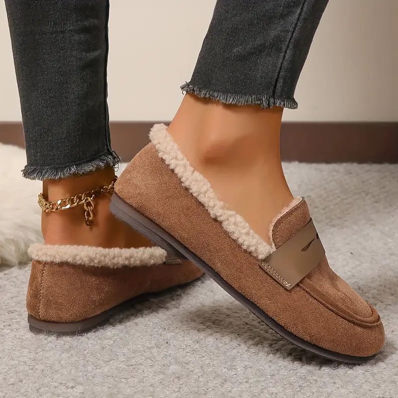 Comfortable House Shoes for Women with Faux Fur Lining Suede Look Loafer Slip On Style