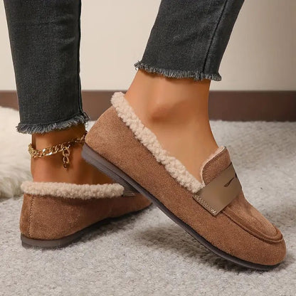 Comfortable House Shoes for Women with Faux Fur Lining Suede Look Loafer Slip On Style