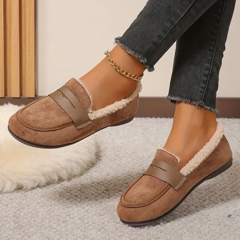 Comfortable House Shoes for Women with Faux Fur Lining Suede Look Loafer Slip On Style