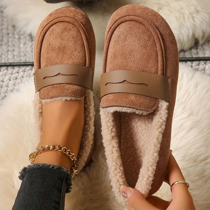 Comfortable House Shoes for Women with Faux Fur Lining Suede Look Loafer Slip On Style