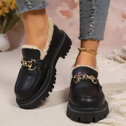 Comfortable Black Loafers for Women with Faux Fur Lining Chain Detail Chunky Lug Sole Style