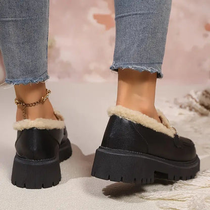 Comfortable Black Loafers for Women with Faux Fur Lining Chain Detail Chunky Lug Sole Style