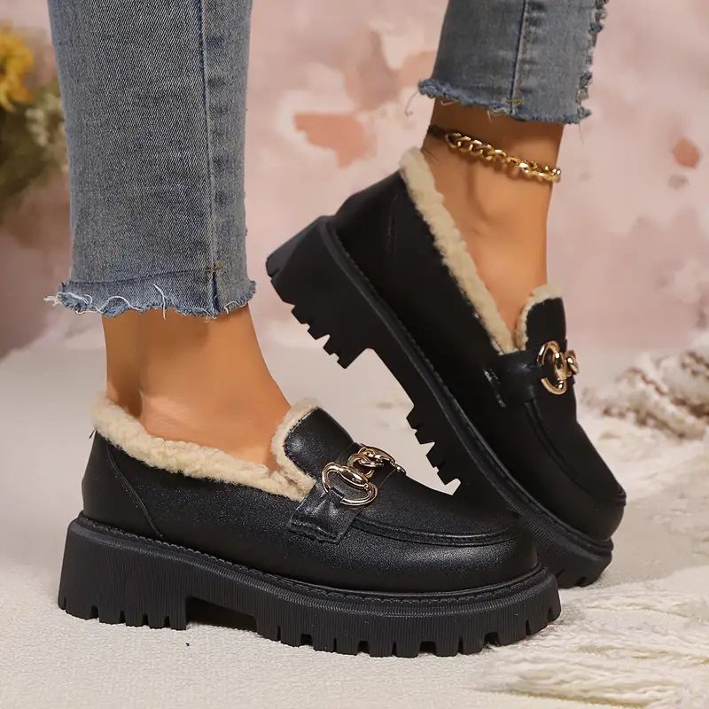 Comfortable Black Loafers for Women with Faux Fur Lining Chain Detail Chunky Lug Sole Style