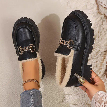Comfortable Black Loafers for Women with Faux Fur Lining Chain Detail Chunky Lug Sole Style