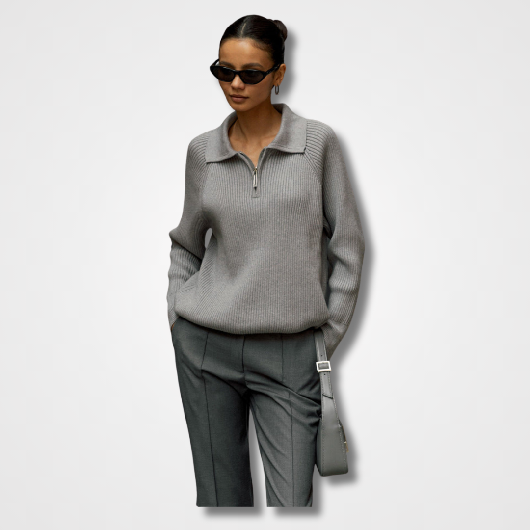 Comfortable Ribbed Sweater for Women with Collared Long Sleeve Half Zip Relaxed Oversized Knit Style