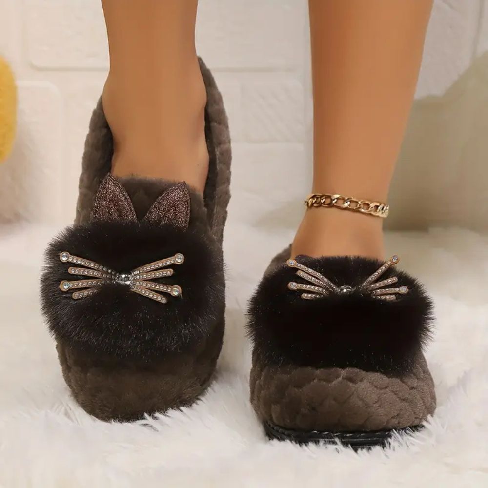 Stylish House Shoes for Women with Faux Fur Upper Rhinestone Bow Round Toe Slip On Style