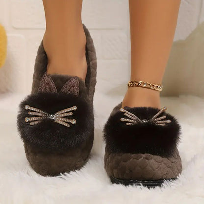 Stylish House Shoes for Women with Faux Fur Upper Rhinestone Bow Round Toe Slip On Style