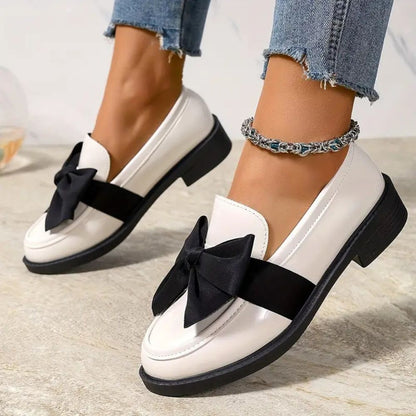 Comfortable Loafers for Women with Bow Detail Patent Finish Low Block Heel Slip On Style