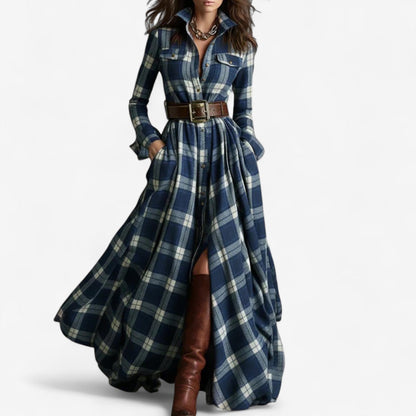 Elegant Plaid Maxi Dress for Women with Collar Long Sleeve Belted Button Front Flowing Style