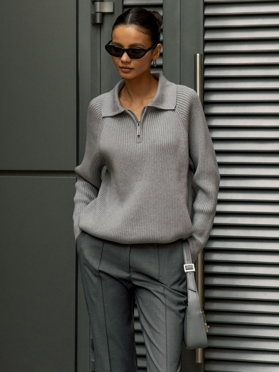 Comfortable Ribbed Sweater for Women with Collared Long Sleeve Half Zip Relaxed Oversized Knit Style