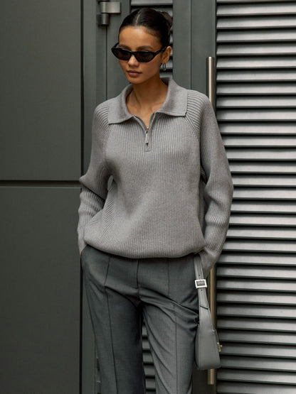 Comfortable Ribbed Sweater for Women with Collared Long Sleeve Half Zip Relaxed Oversized Knit Style