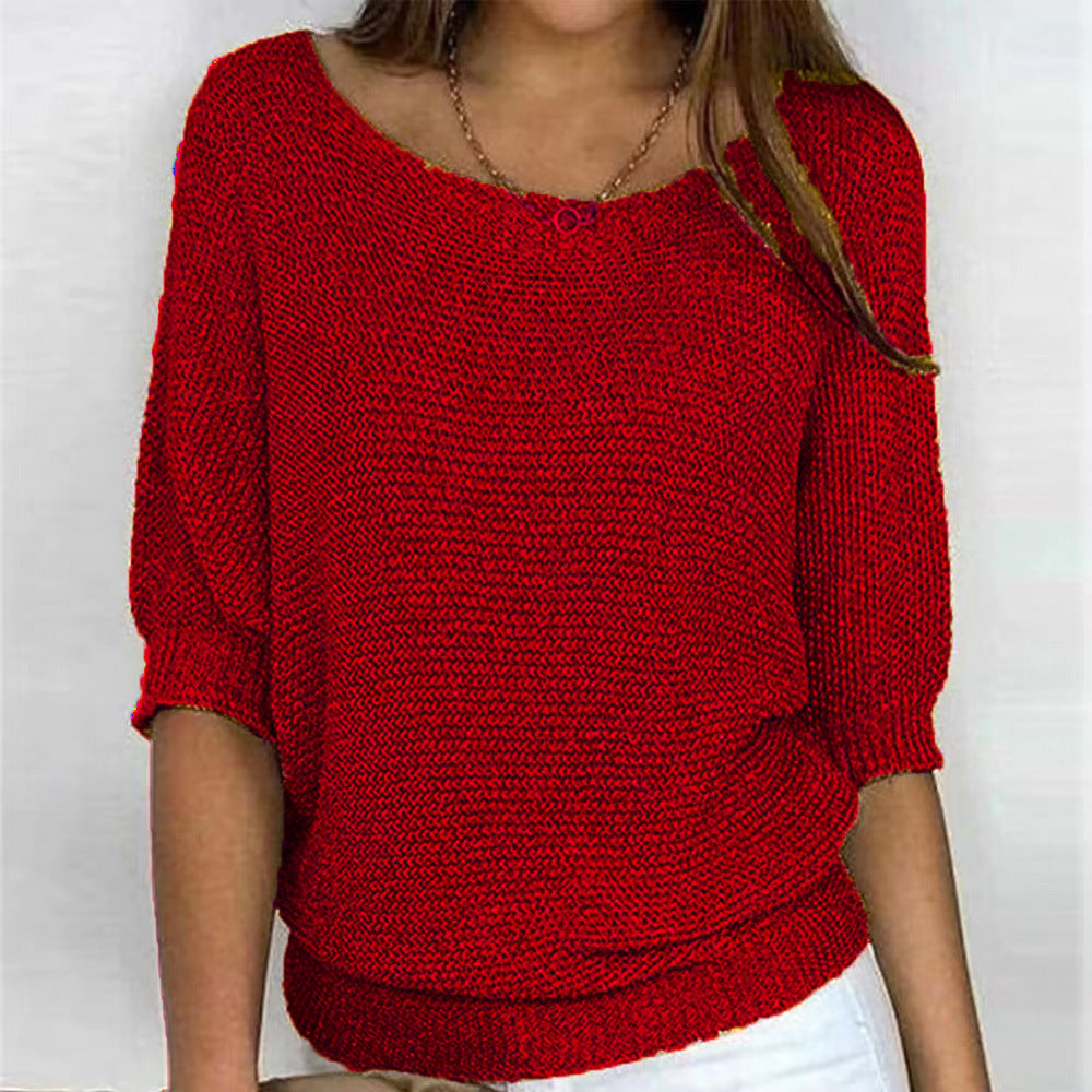 Comfortable Ribbed Knit Sweater for Women with Boat Neck Half Sleeve Batwing Relaxed Style