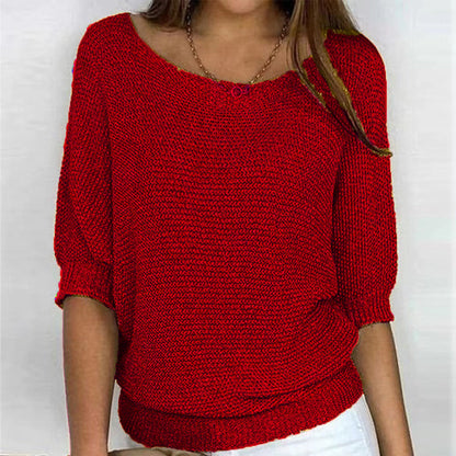 Comfortable Ribbed Knit Sweater for Women with Boat Neck Half Sleeve Batwing Relaxed Style