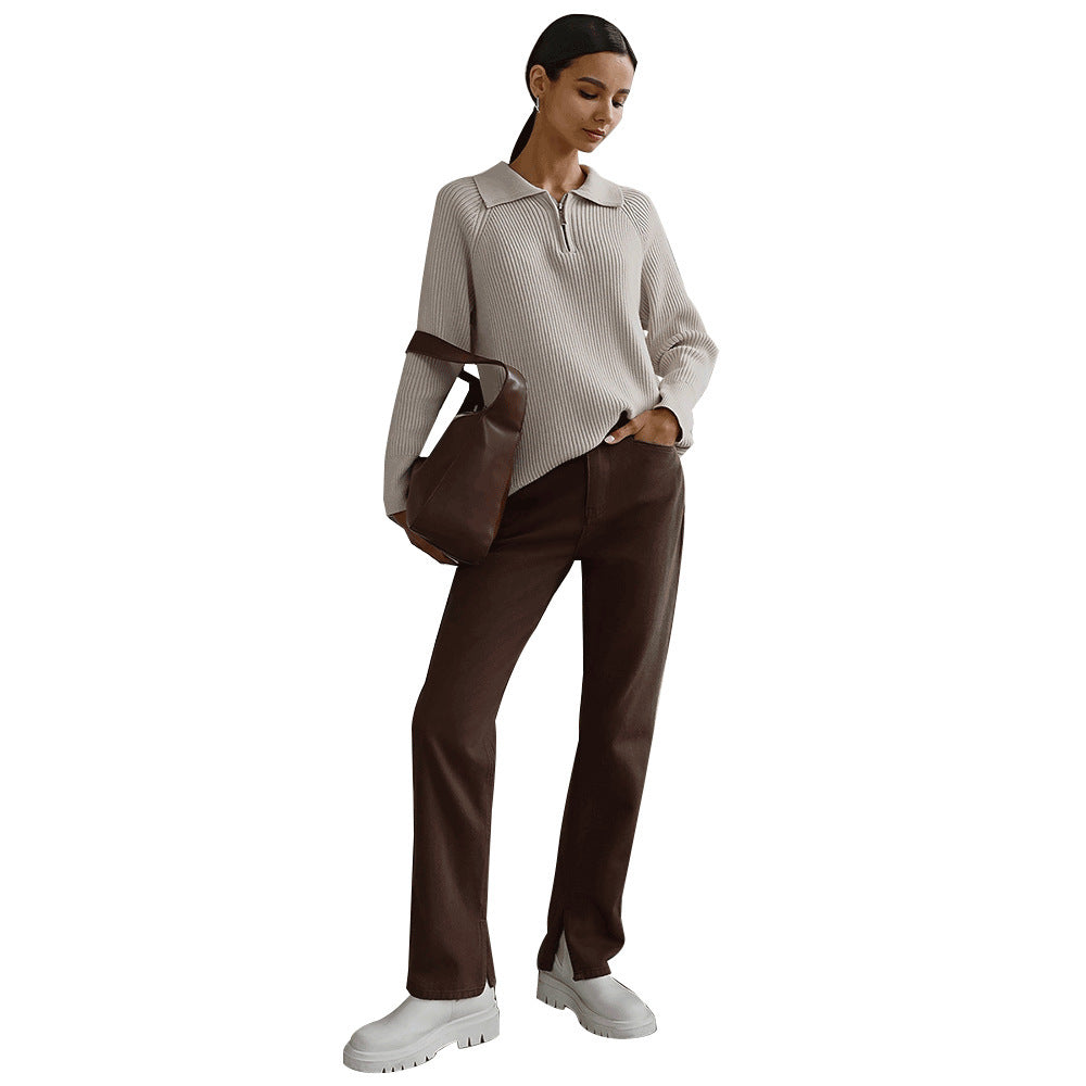 Comfortable Ribbed Sweater for Women with Collared Long Sleeve Half Zip Relaxed Oversized Knit Style