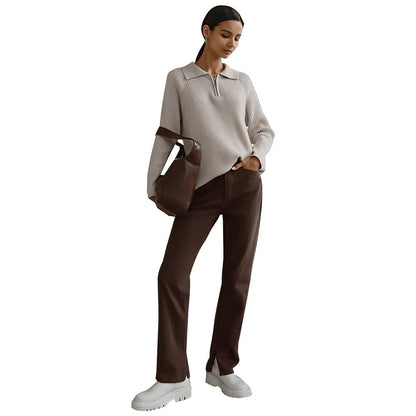 Comfortable Ribbed Sweater for Women with Collared Long Sleeve Half Zip Relaxed Oversized Knit Style