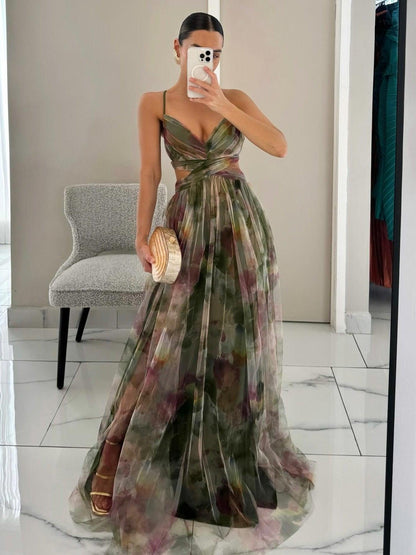 Elegant Watercolor Floral Maxi Dress for Women with V Neck Spaghetti Strap Crisscross Waist Wedding Guest Style