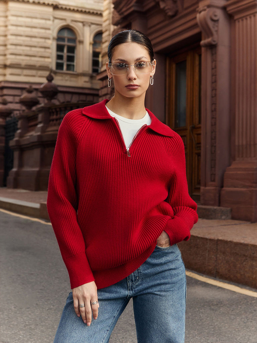 Comfortable Ribbed Sweater for Women with Collared Long Sleeve Half Zip Relaxed Oversized Knit Style