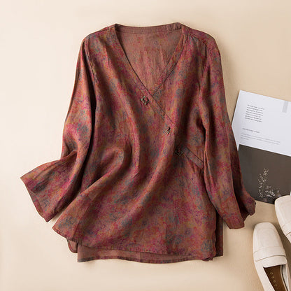 Effortless Printed Linen Blouse for Women with V Neck Bell Sleeve High Low Boho Style