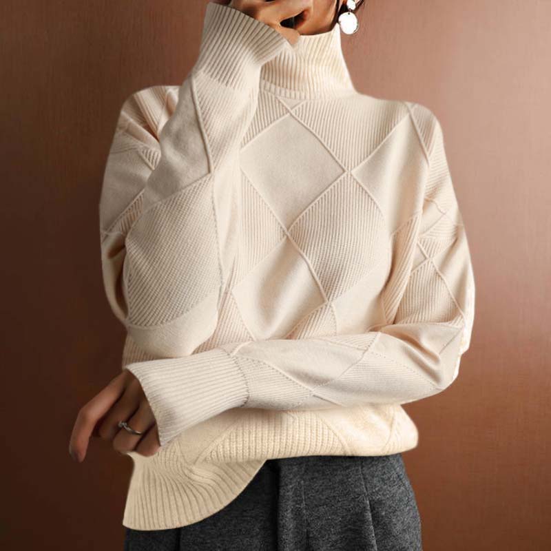 Comfortable Diamond Knit Turtleneck Sweater for Women with High Neck Long Sleeve Relaxed Oversized Style