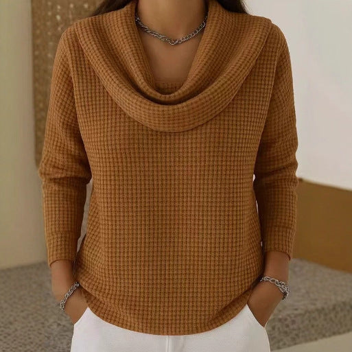 Comfortable Waffle Knit Sweater for Women with Cowl Neck Long Sleeve Relaxed Oversized Style
