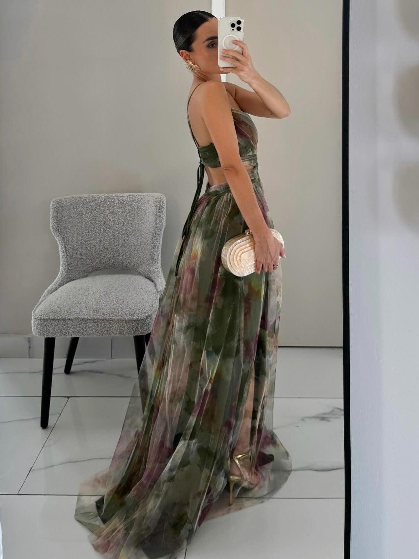 Elegant Watercolor Floral Maxi Dress for Women with V Neck Spaghetti Strap Crisscross Waist Wedding Guest Style